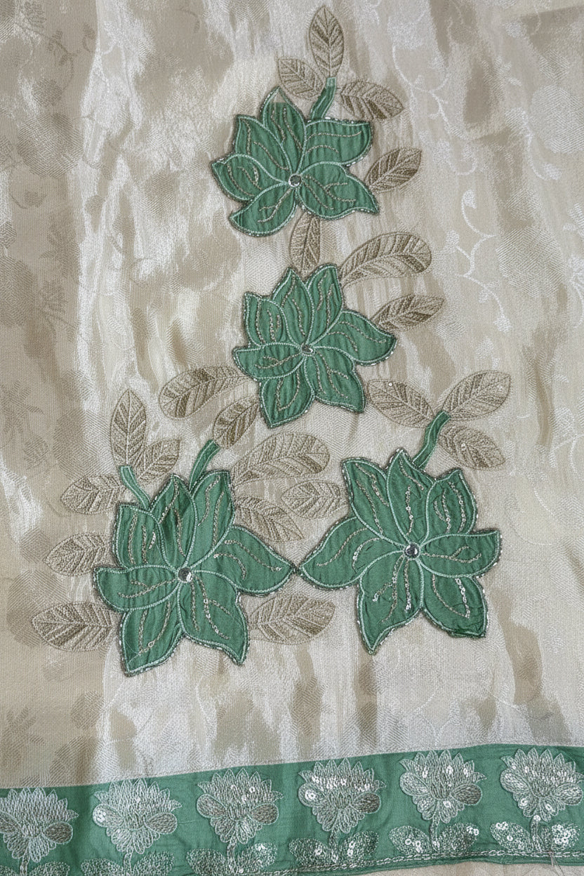 Crepe Jacquard Beige kurta with green embroidery.