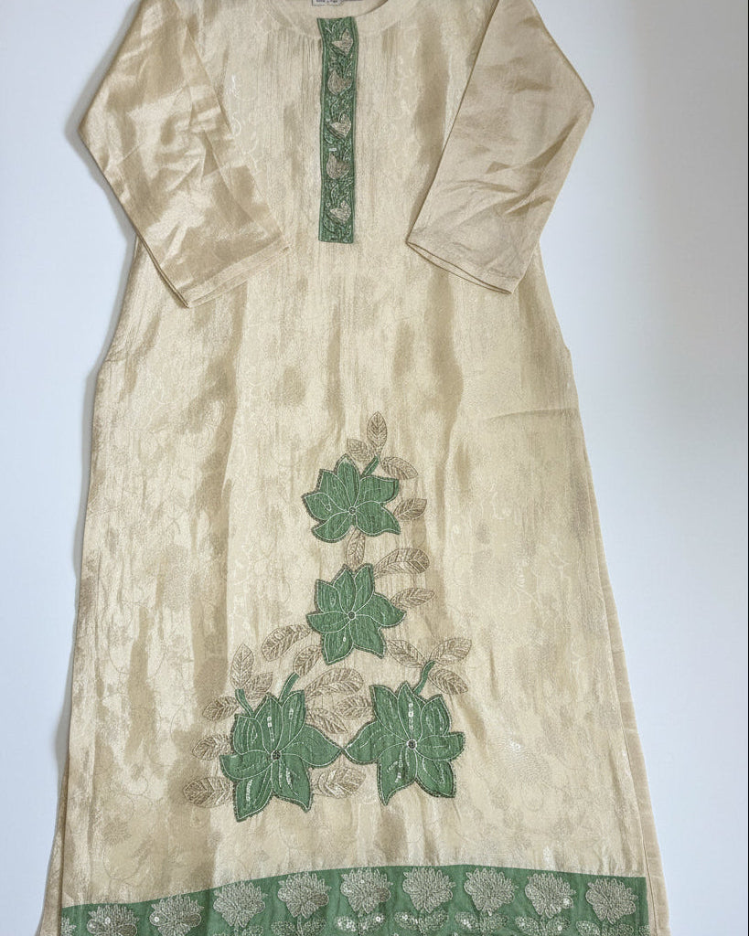 Crepe Jacquard Beige kurta with green embroidery.