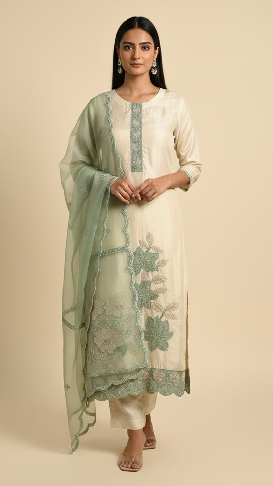 Crepe Jacquard Beige kurta with green embroidery.