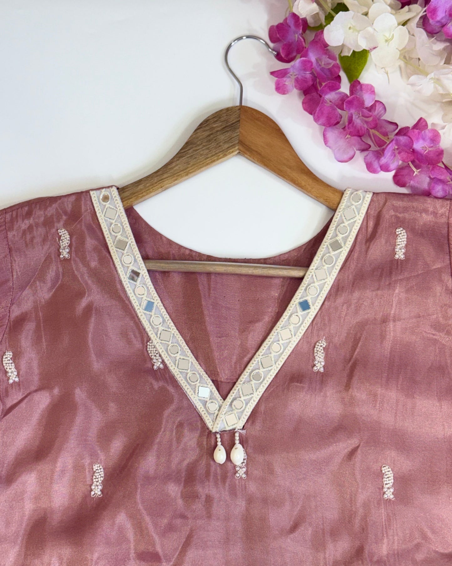 Rose Pink Tissue Kurta Set With PEARL Work