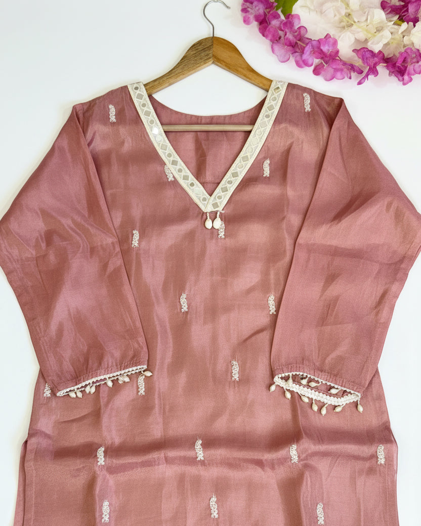 Rose Pink Tissue Kurta Set With PEARL Work