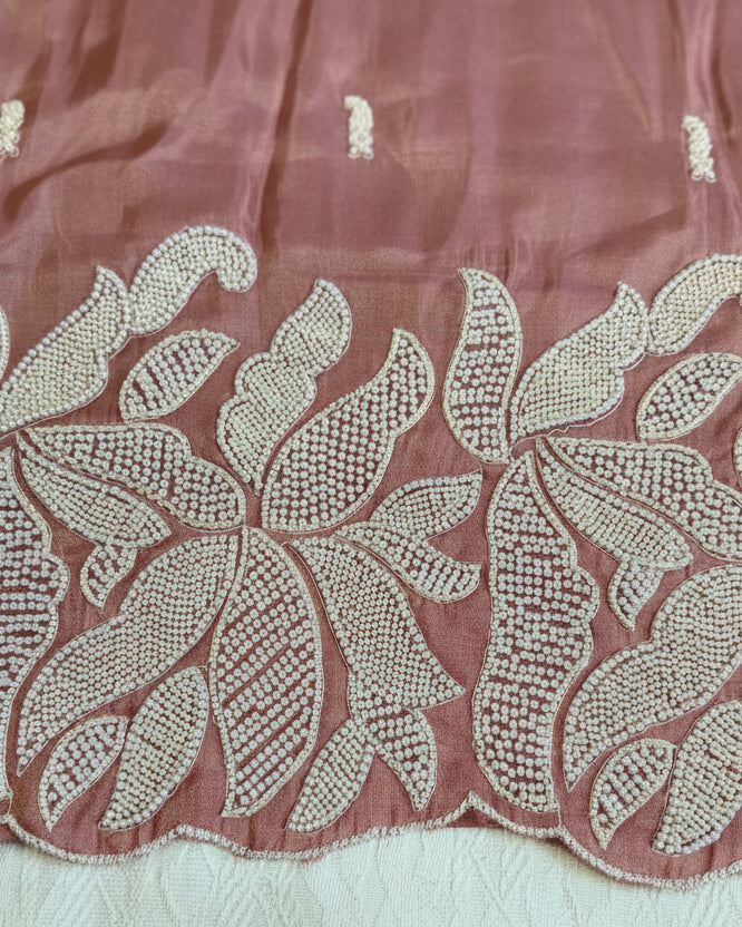 Rose Pink Tissue Kurta Set With PEARL Work