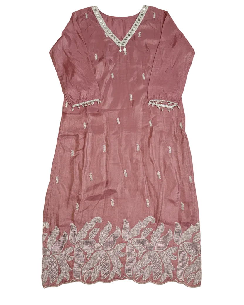Rose Pink Tissue Kurta Set With PEARL Work