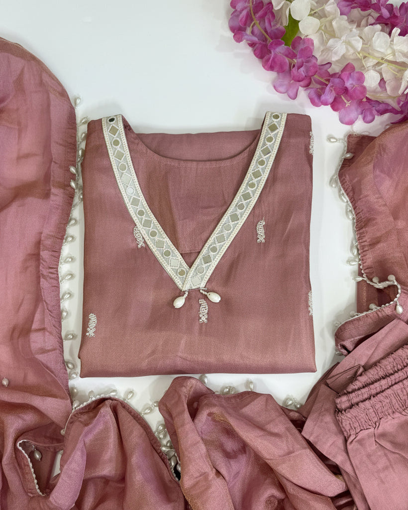 Rose Pink Tissue Kurta Set With PEARL Work