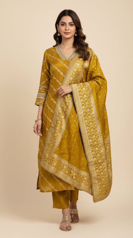 Yellow Muslin Silk Salwar Suit with Banarasi Dupatta
