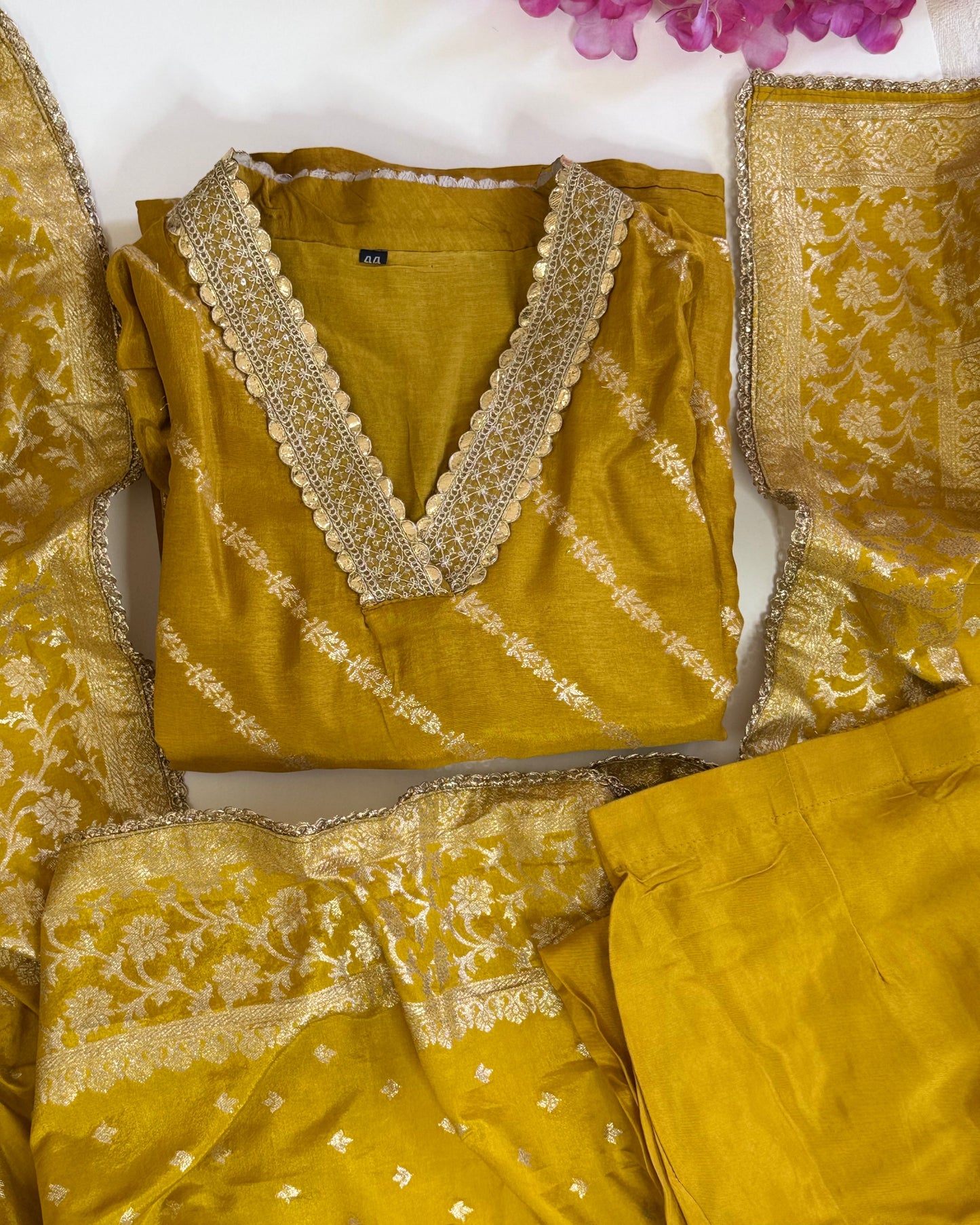 Yellow Muslin Silk Salwar Suit with Banarasi Dupatta