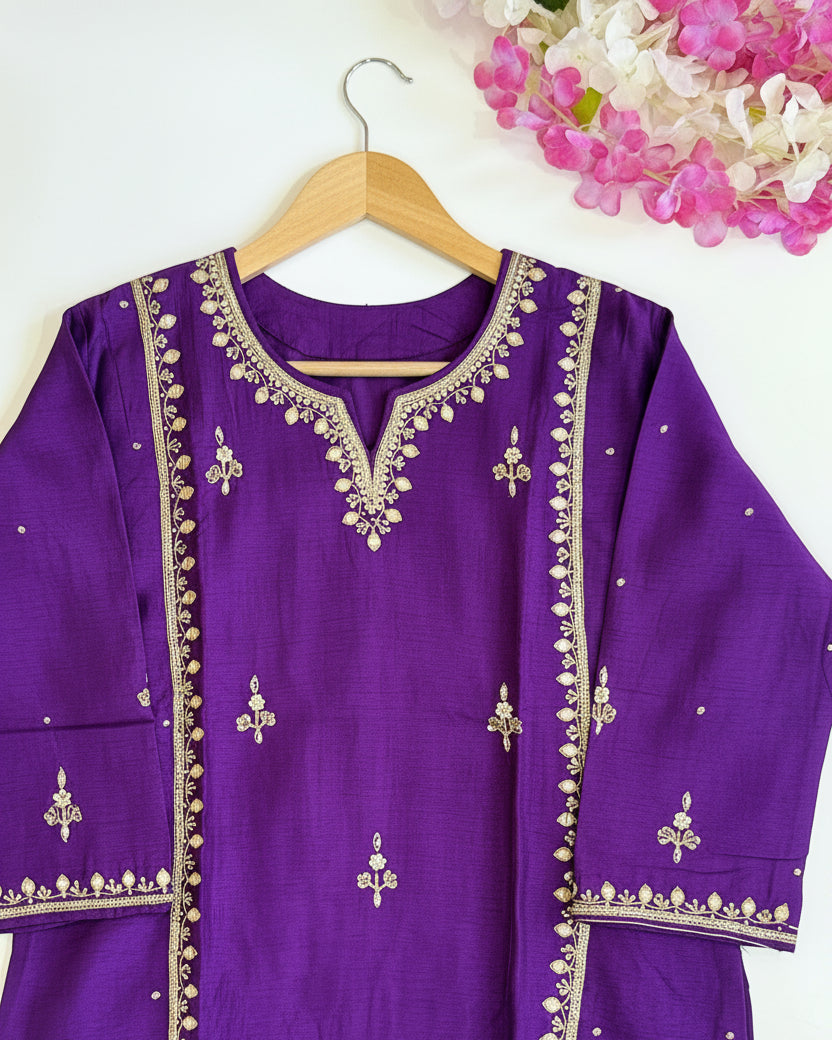 Raw Silk Purple  Party Wear Salwar Suit with Banaras Dupatta.