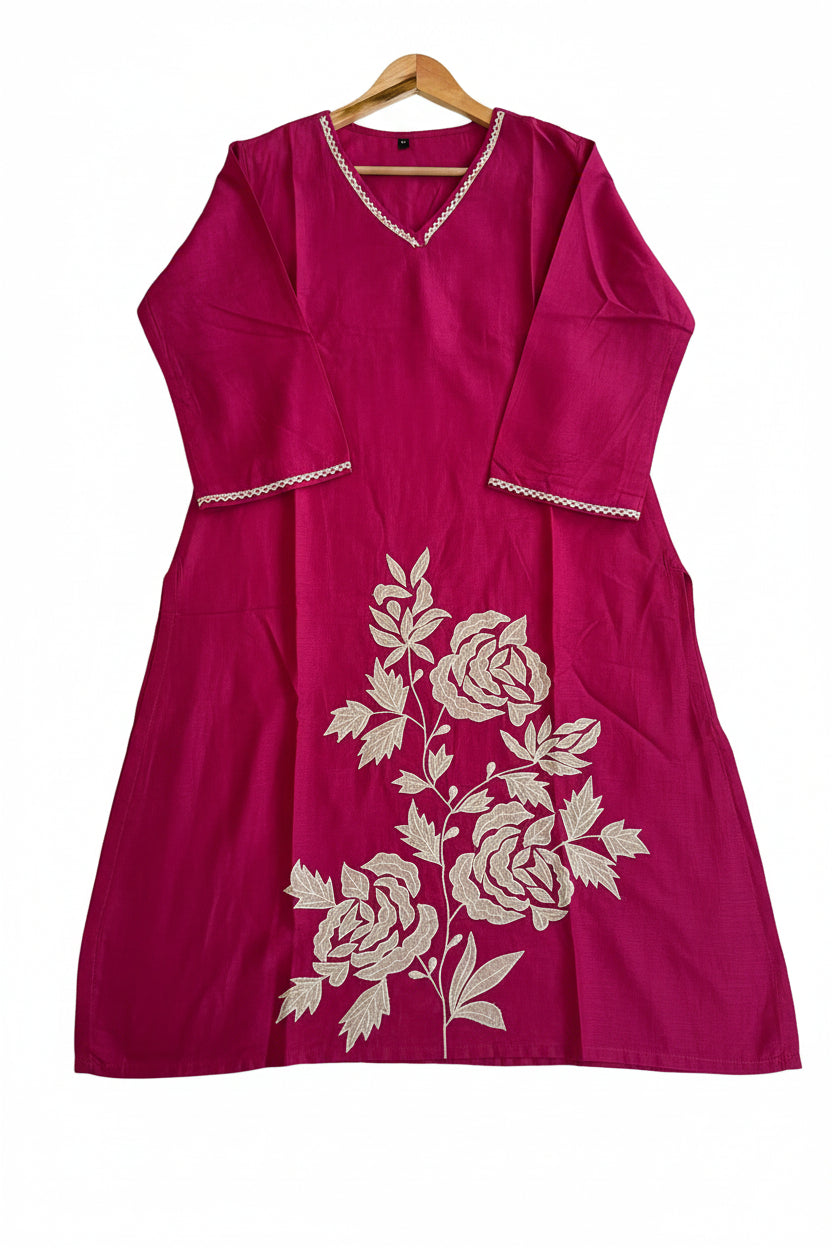 Pink Premium Mul Cotton Kurta Set with Floral Embroidery
