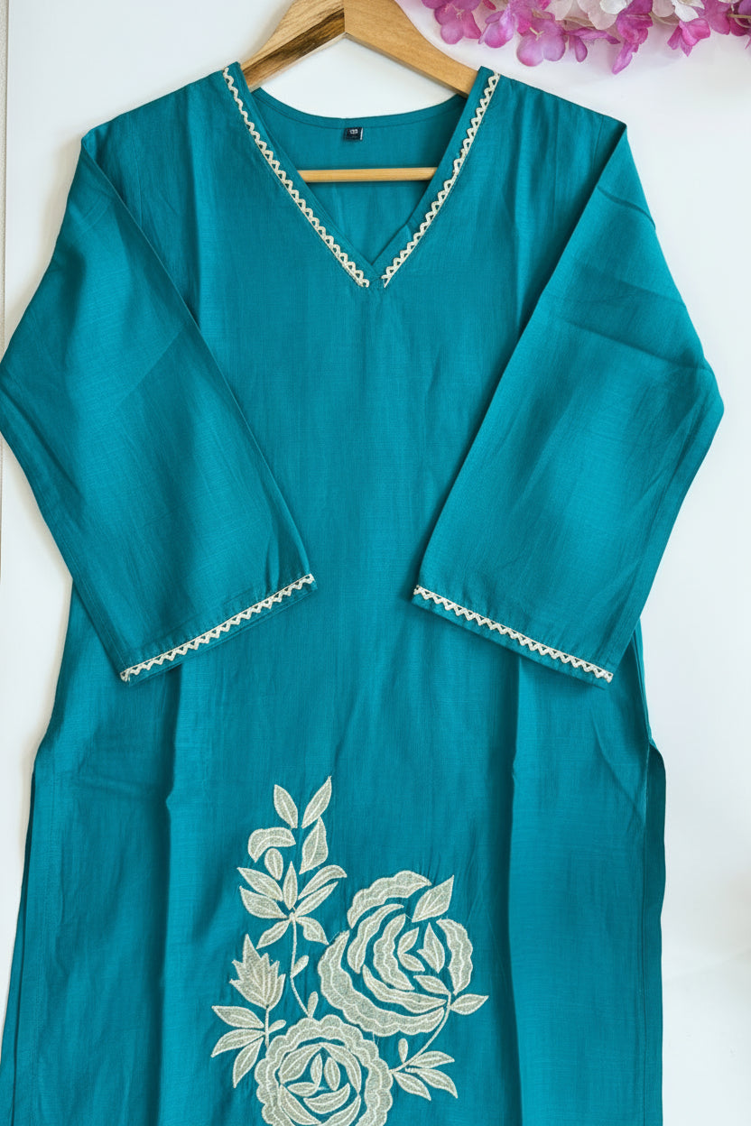 Blue Premium Mul Cotton with Floral Embroidery Kurta Set