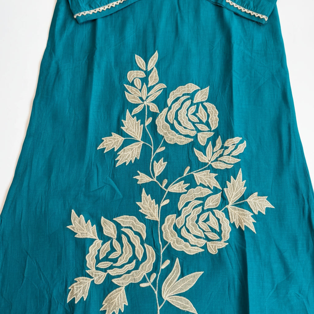 Blue Premium Mul Cotton with Floral Embroidery Kurta Set