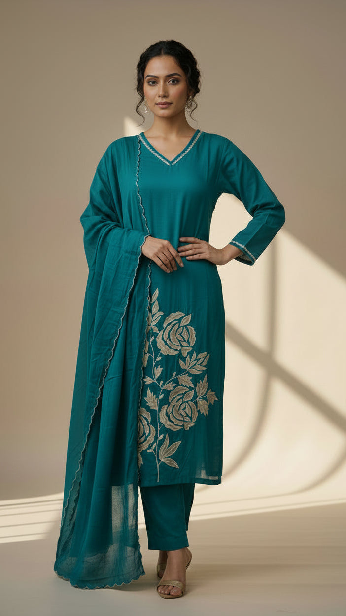 Blue Premium Mul Cotton with Floral Embroidery Kurta Set