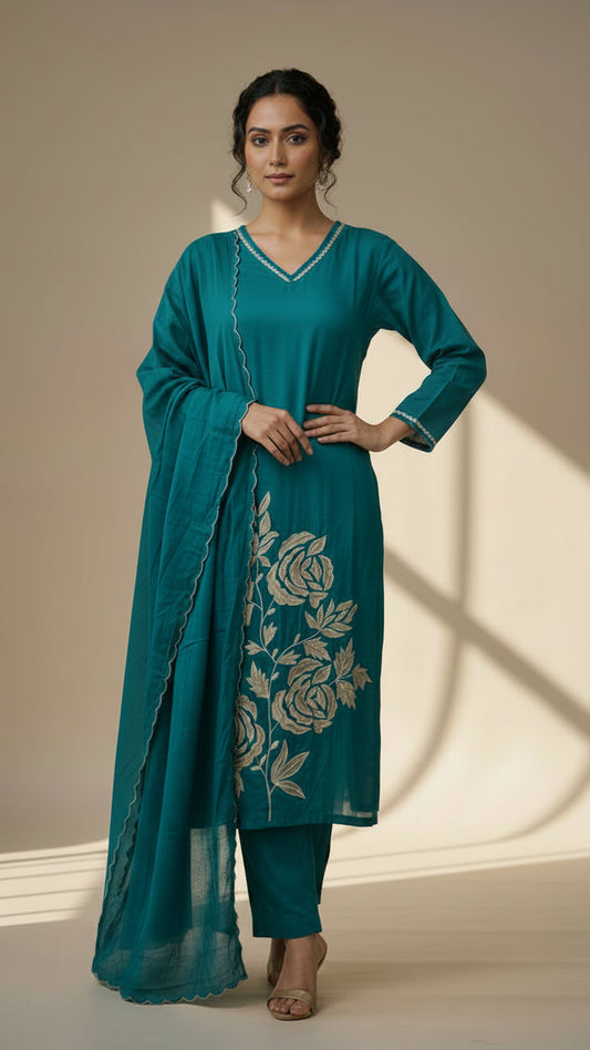 Blue Premium Mul Cotton with Floral Embroidery Kurta Set