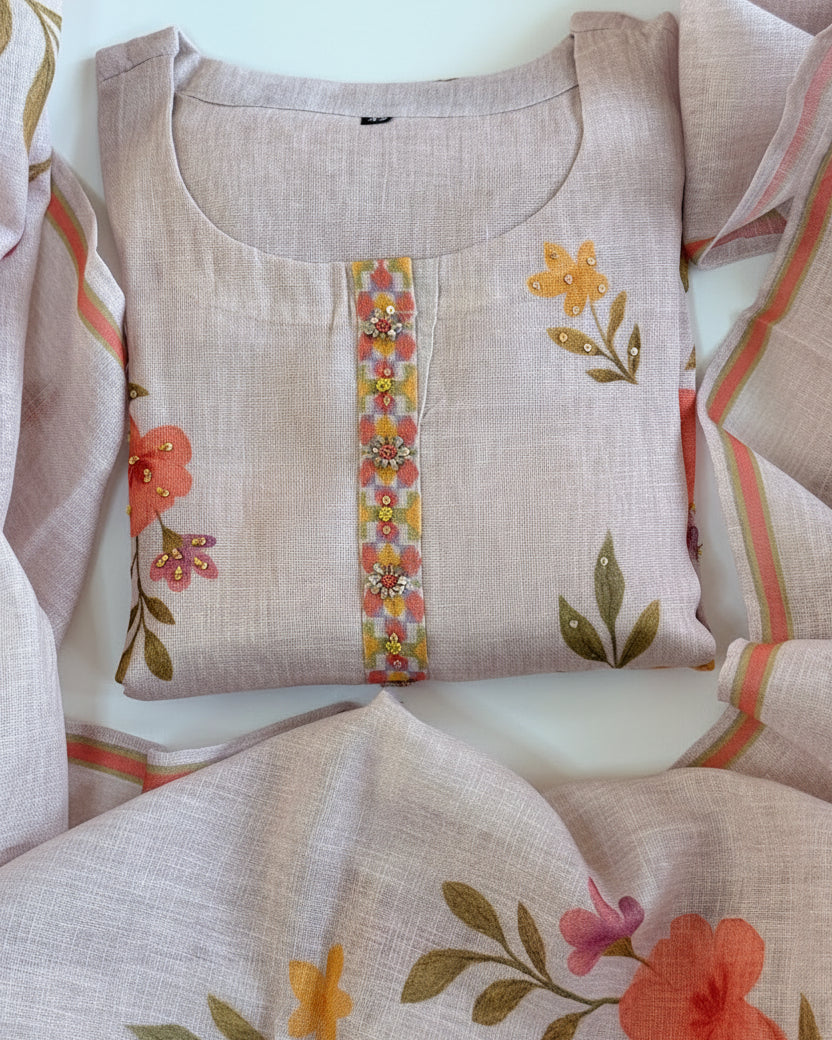 Line Floral Print Beige Kurta Set