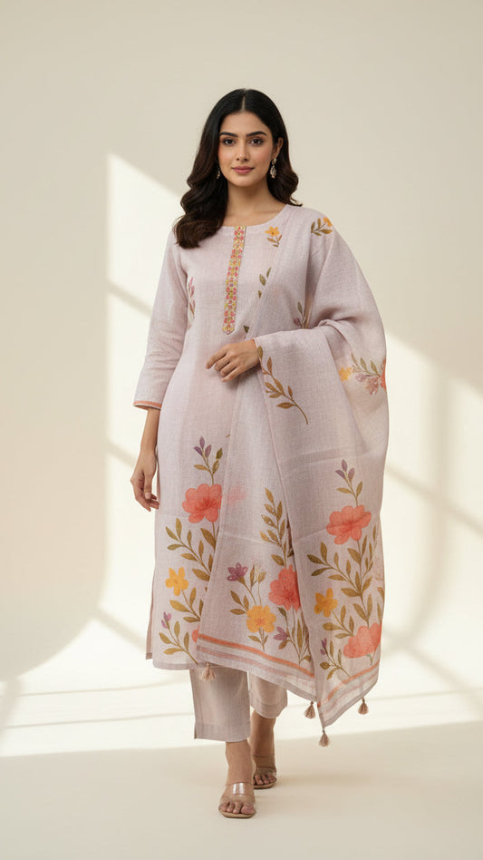 Line Floral Print Beige Kurta Set