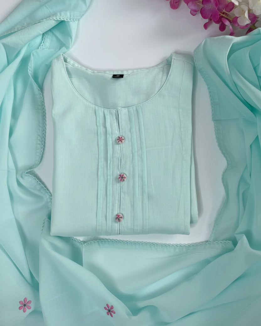 Pastel Blue Mul Cotton Kurta Set with Floral Embroidery on Sleeves and Sides