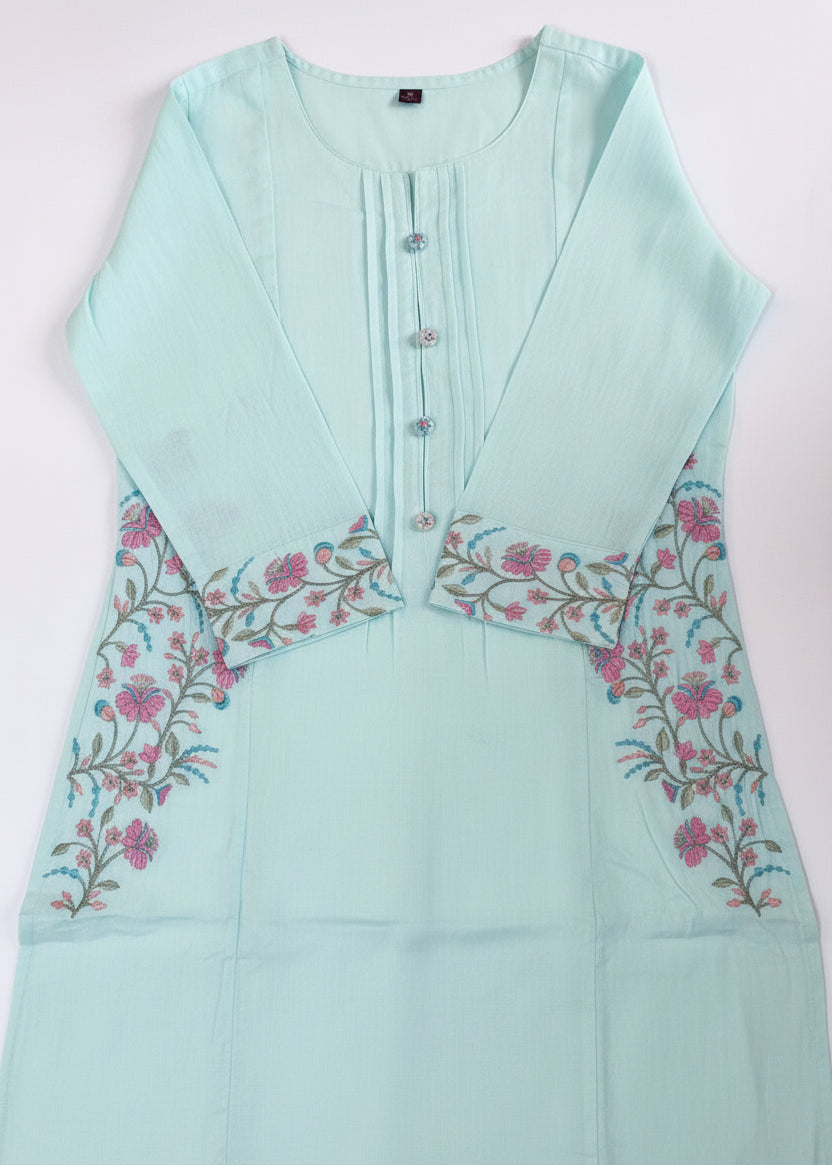 Pastel Blue Mul Cotton Kurta Set with Floral Embroidery on Sleeves and Sides