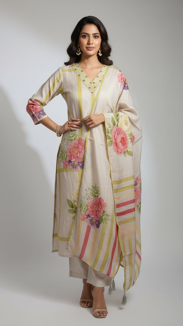 Premium Crepe Floral Print with Embroidery work Kurta Set