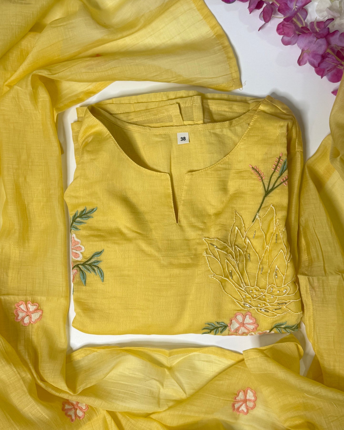 Yellow Mul Chanderi Kurta Set