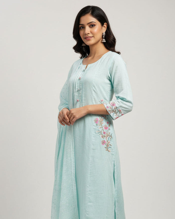 Pastel Blue Mul Cotton Kurta Set with Floral Embroidery on Sleeves and Sides
