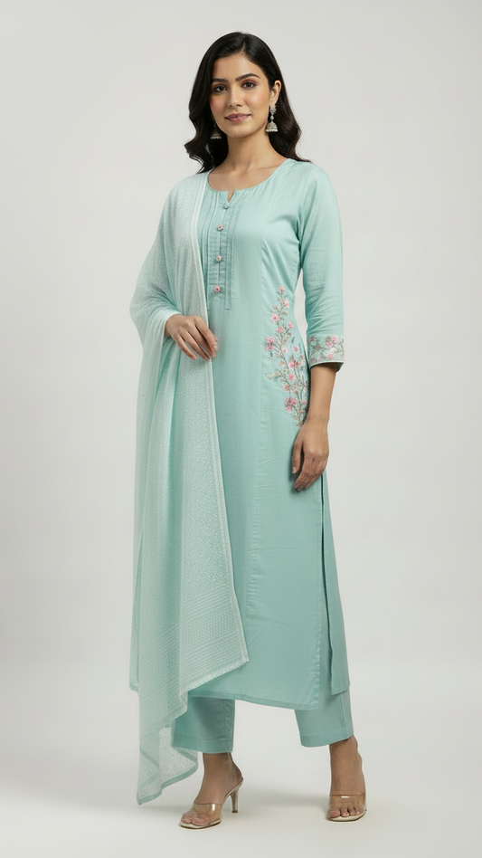 Pastel Blue Mul Cotton Kurta Set with Floral Embroidery on Sleeves and Sides