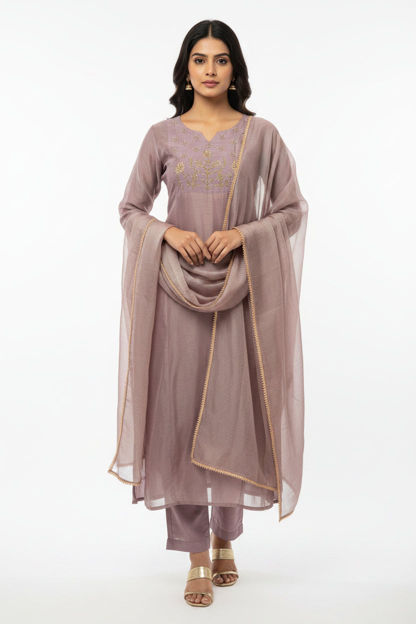 Lavender Premium Mul Chanderi Salwar Suit with Beads & Zardosi work