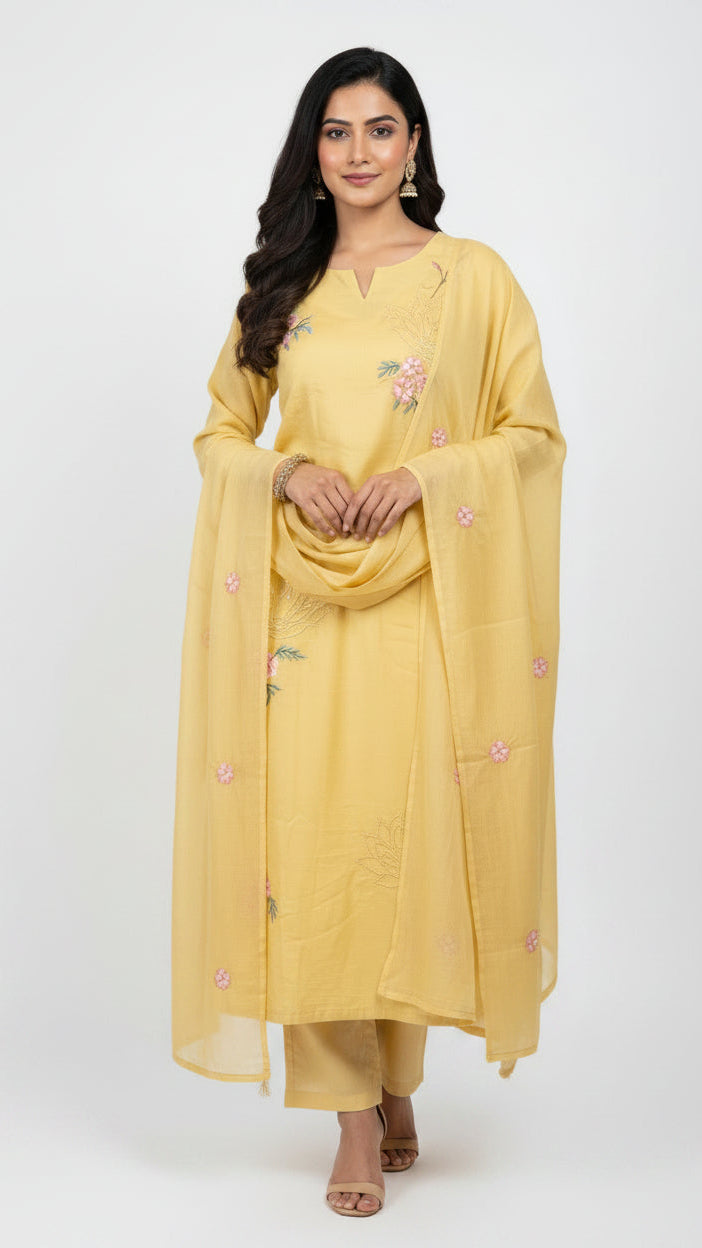 Yellow Mul Chanderi Kurta Set