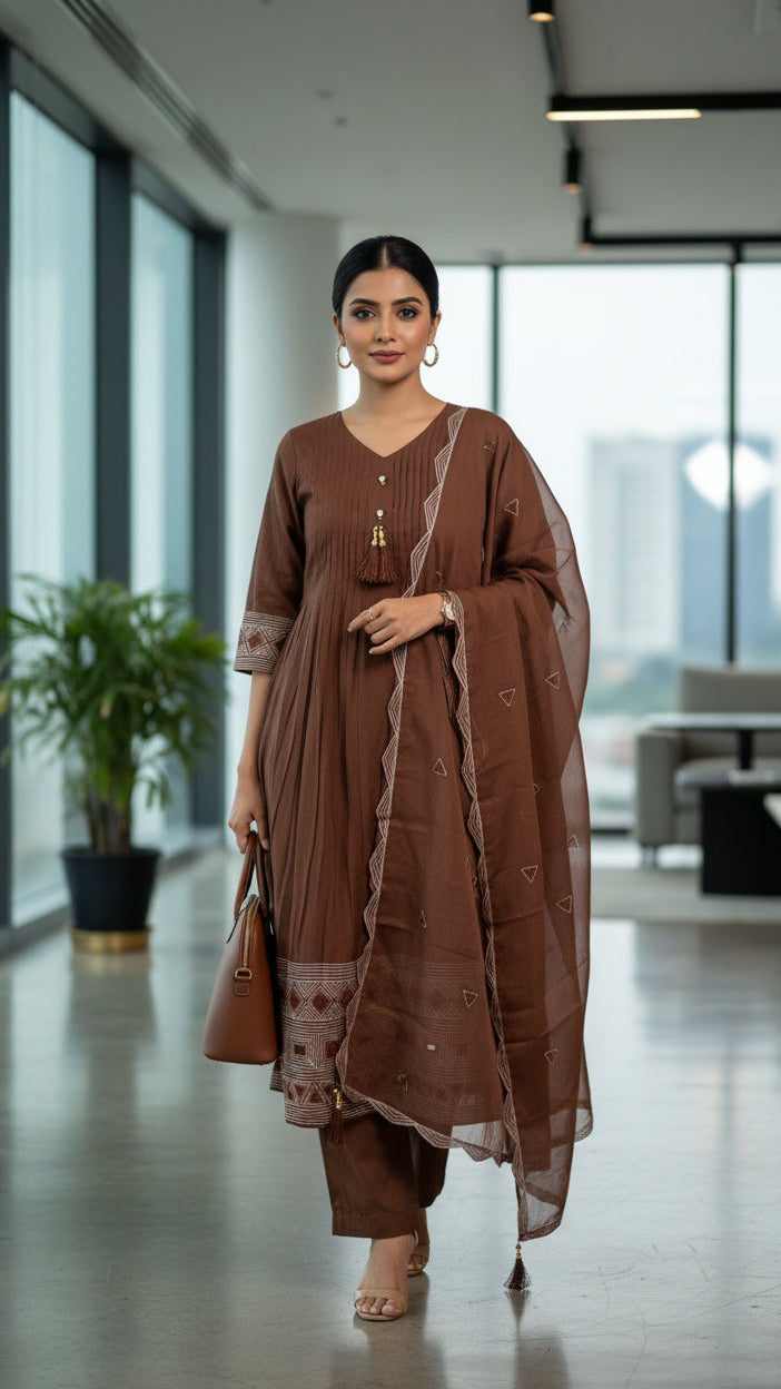 Coffee Brown Mul Chanderi Kurta set