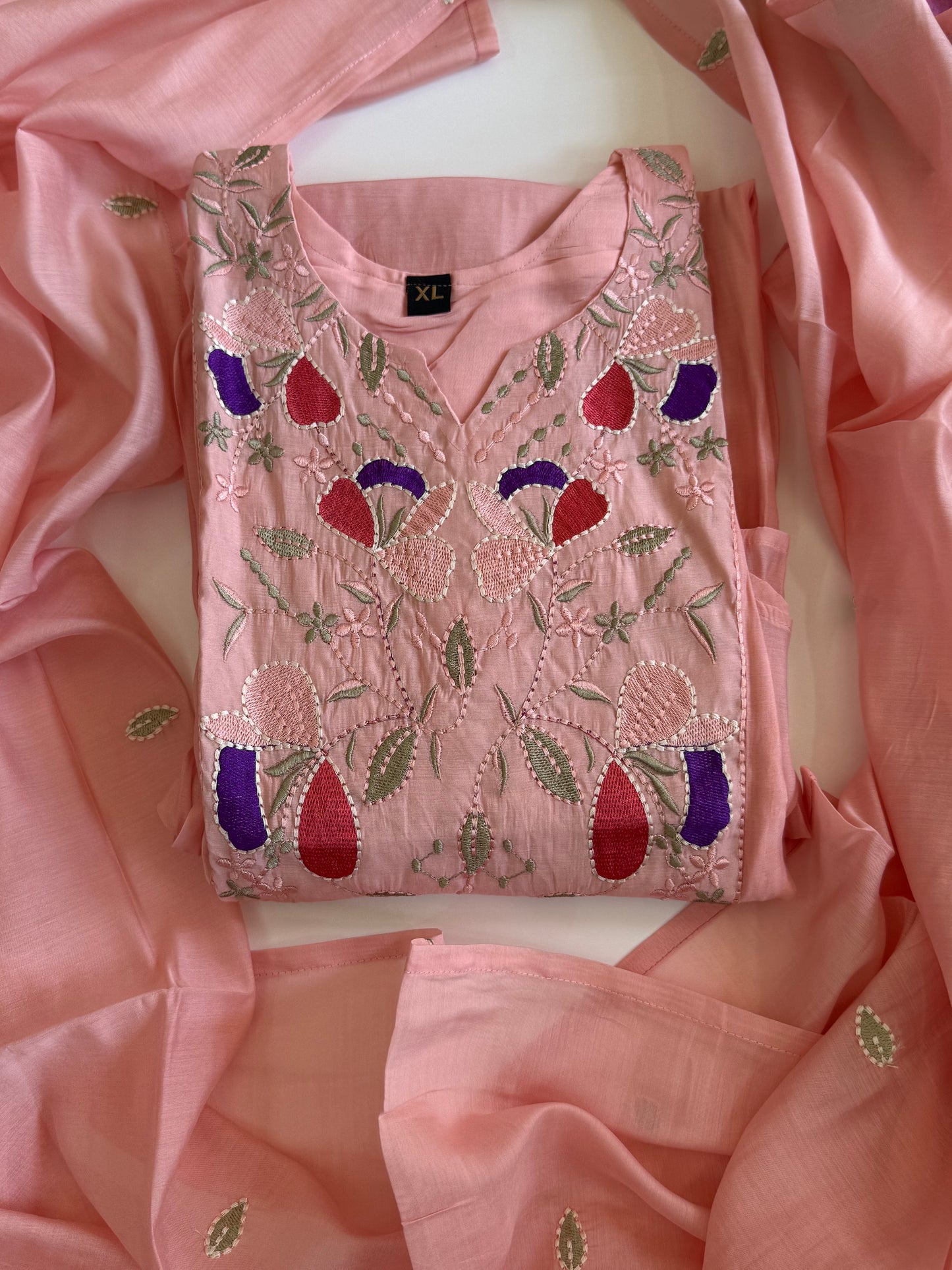 Light Pink Mul Chanderi Kurta Set with Embroidery work.
