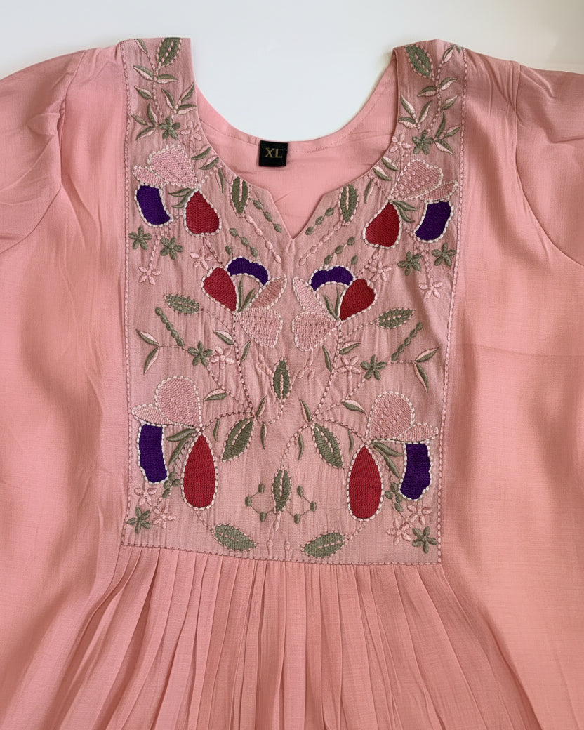 Light Pink Mul Chanderi Kurta Set with Embroidery work.