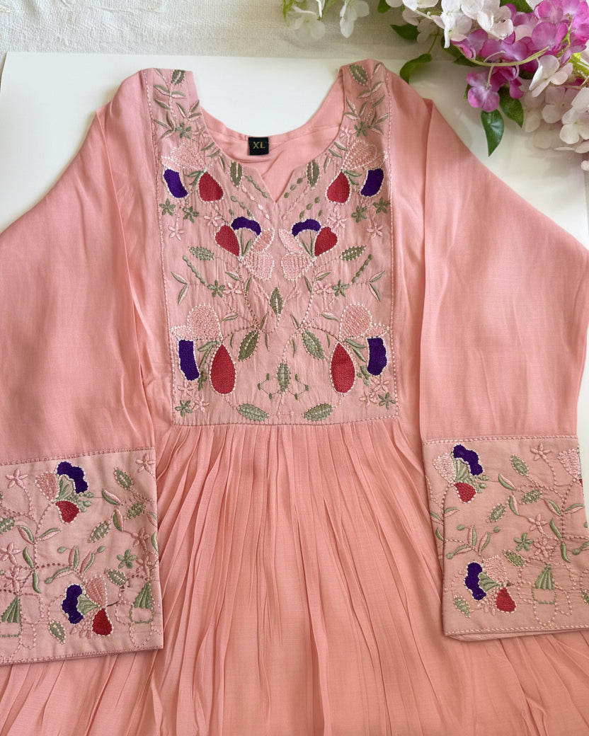 Light Pink Mul Chanderi Kurta Set with Embroidery work.