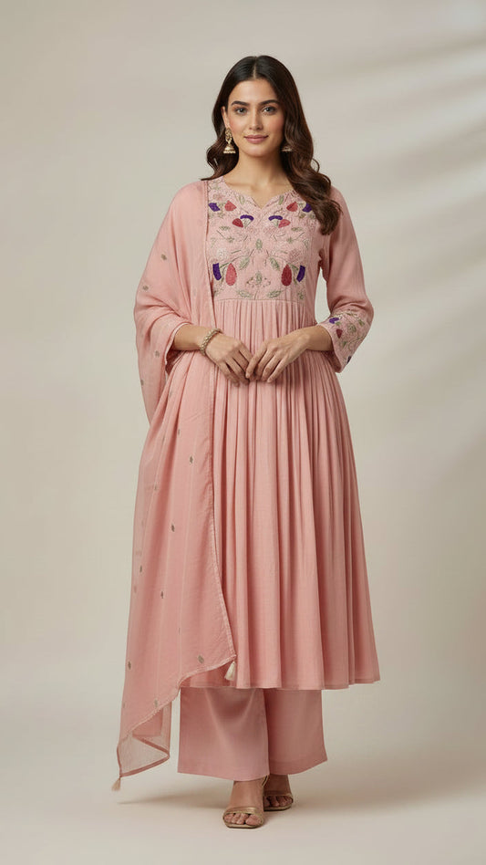 Light Pink Mul Chanderi Kurta Set with Embroidery work.