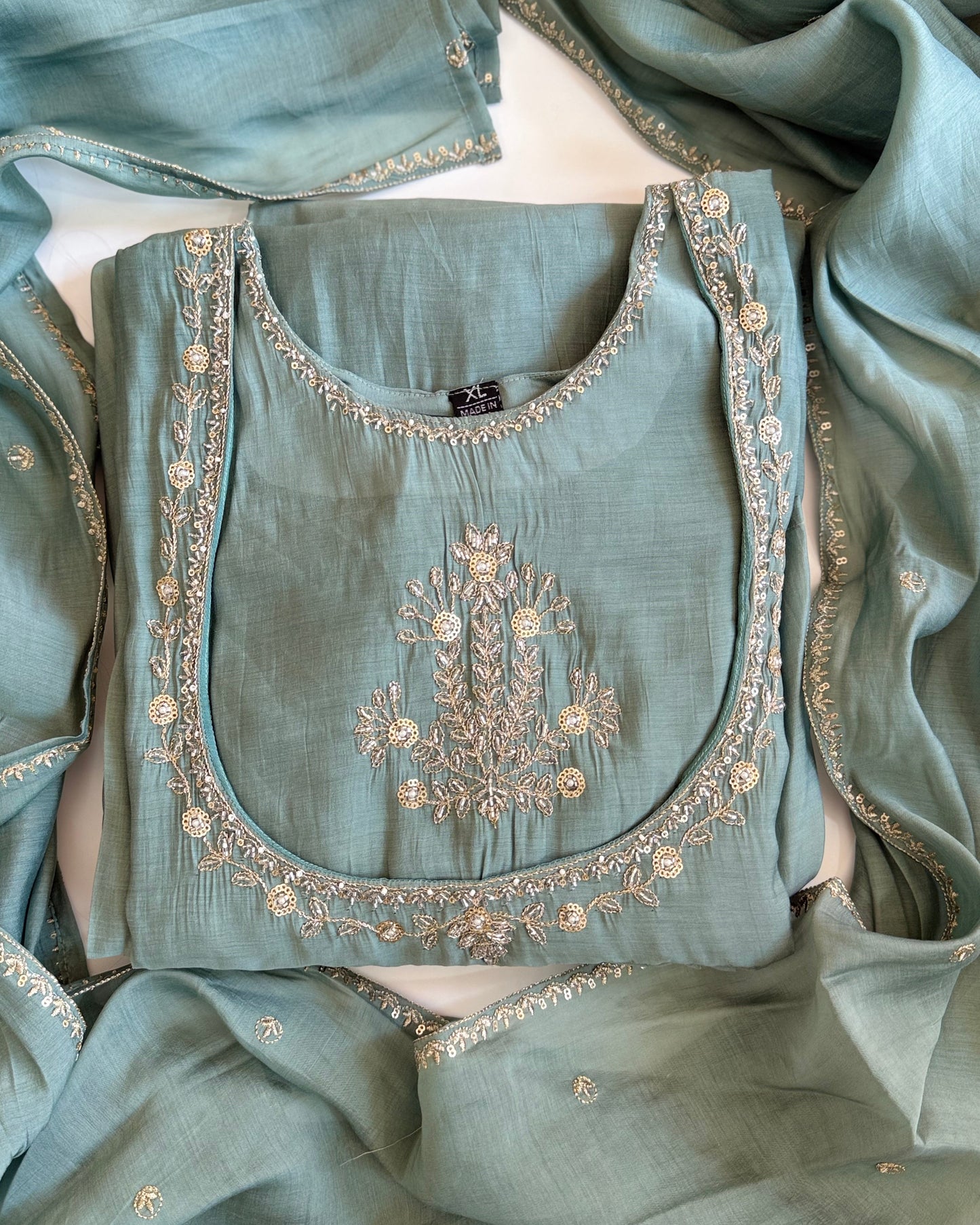 Mint Green Mul Chanderi Kurta Set with Embroidery work.