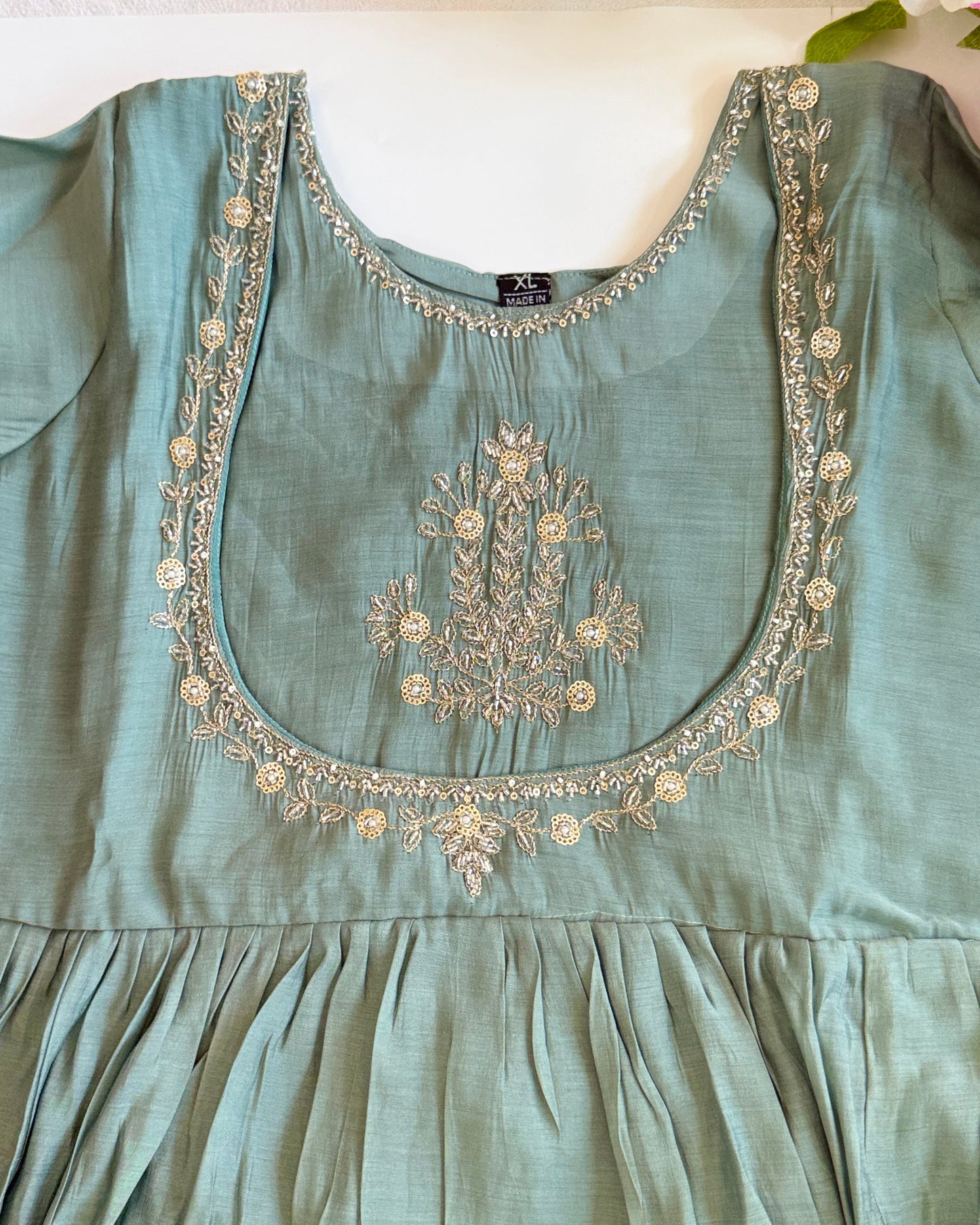 Mint Green Mul Chanderi Kurta Set with Embroidery work.