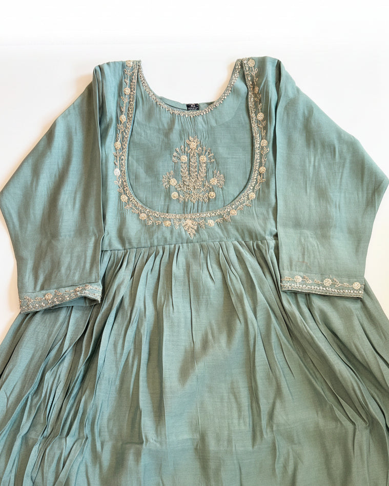 Mint Green Mul Chanderi Kurta Set with Embroidery work.