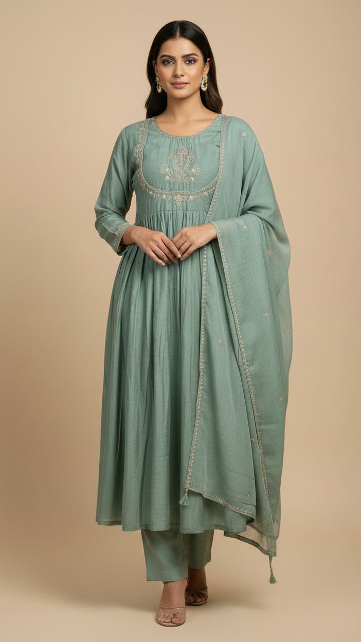 Mint Green Mul Chanderi Kurta Set with Embroidery work.