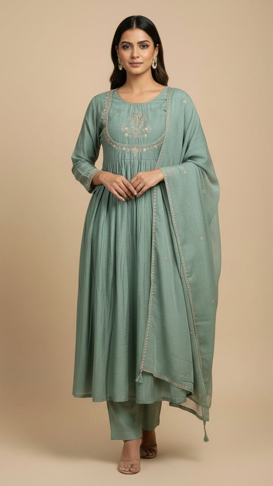 Mint Green Mul Chanderi Kurta Set with Embroidery work.