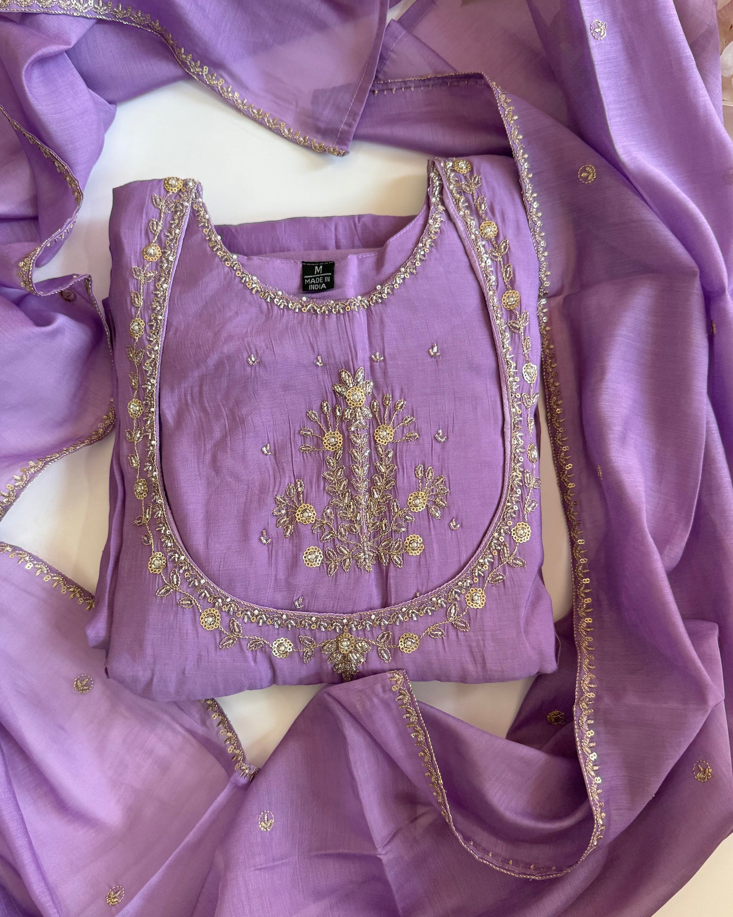Lavender Mul Chanderi with Embroidery work.