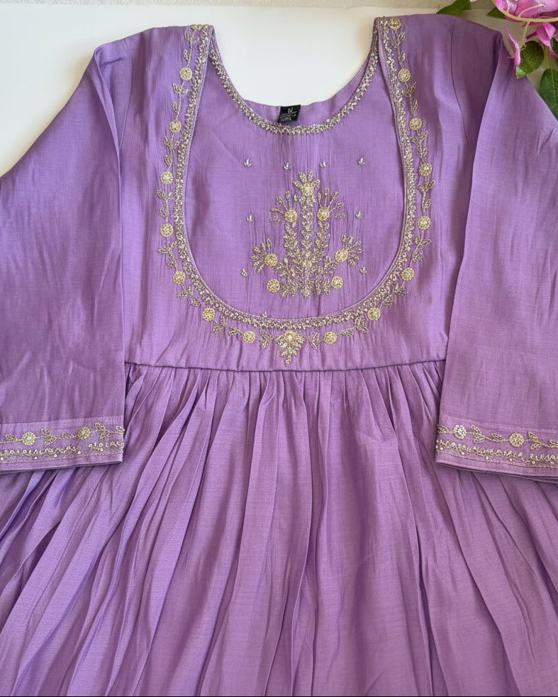 Lavender Mul Chanderi with Embroidery work.