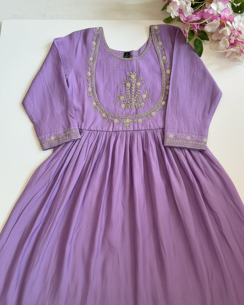 Lavender Mul Chanderi with Embroidery work.