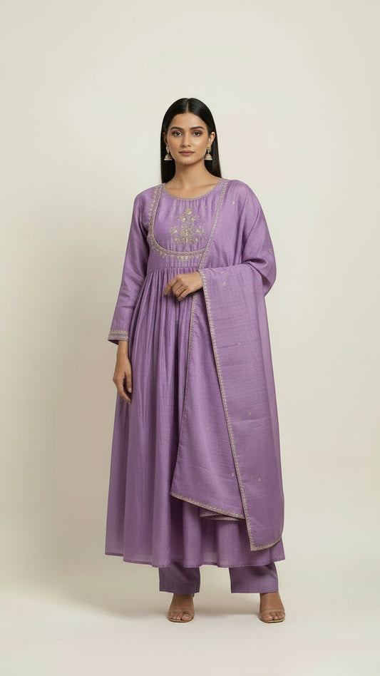 Lavender Mul Chanderi with Embroidery work.