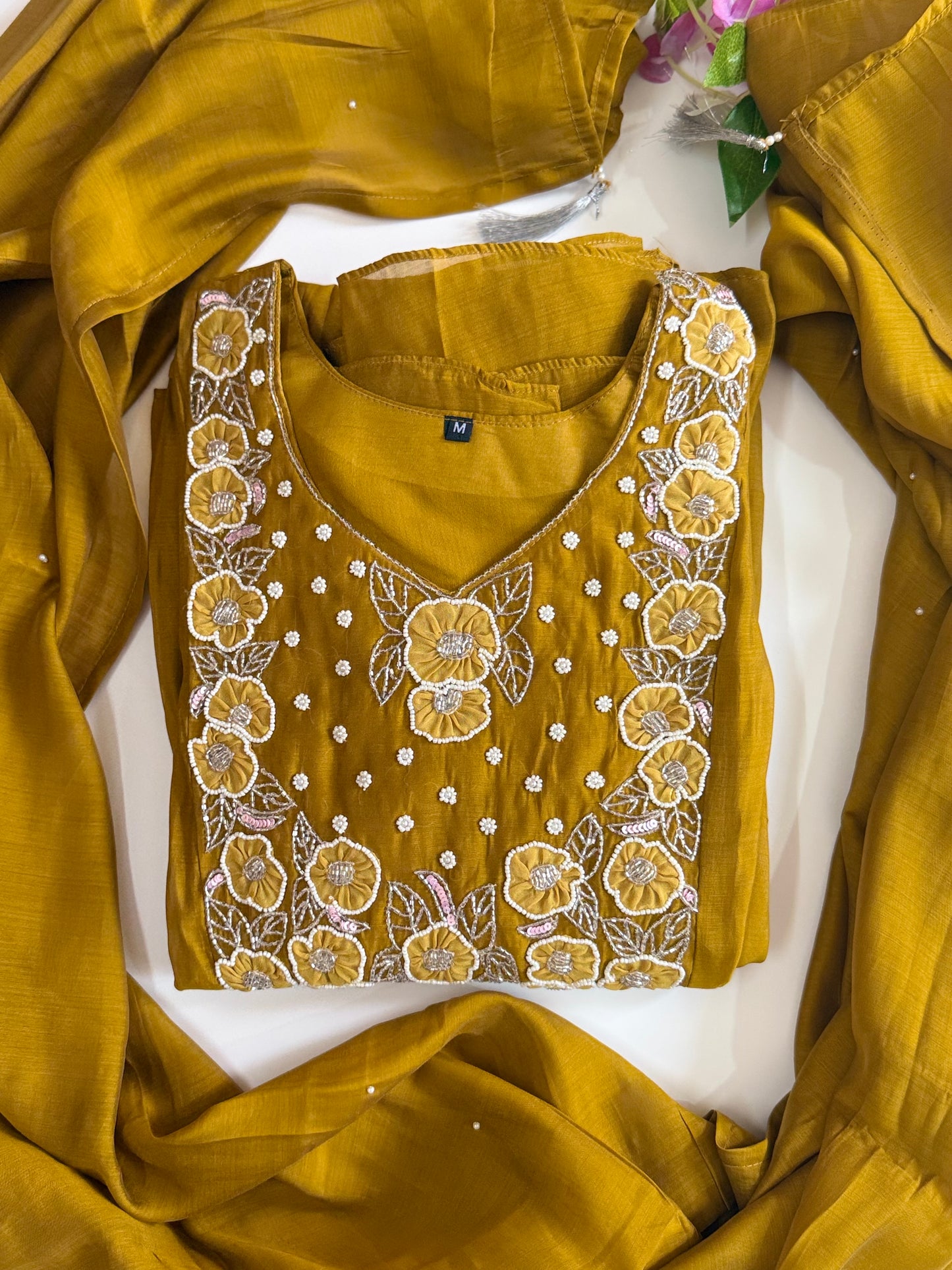 Mustard Yellow Mul Chander Salwar Suit with Bead work Embroidery