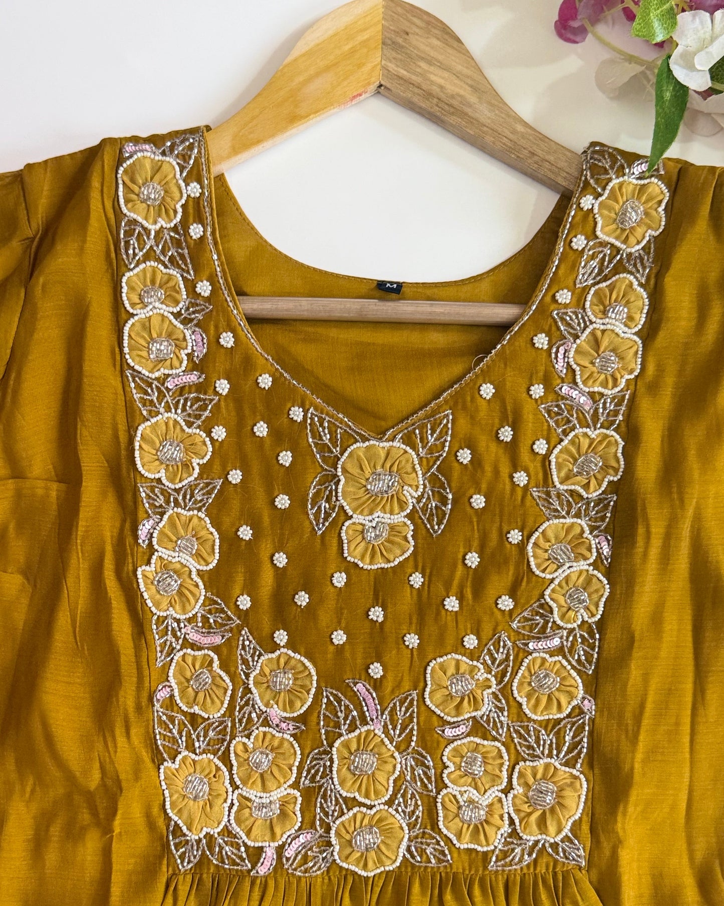 Mustard Yellow Mul Chander Salwar Suit with Bead work Embroidery