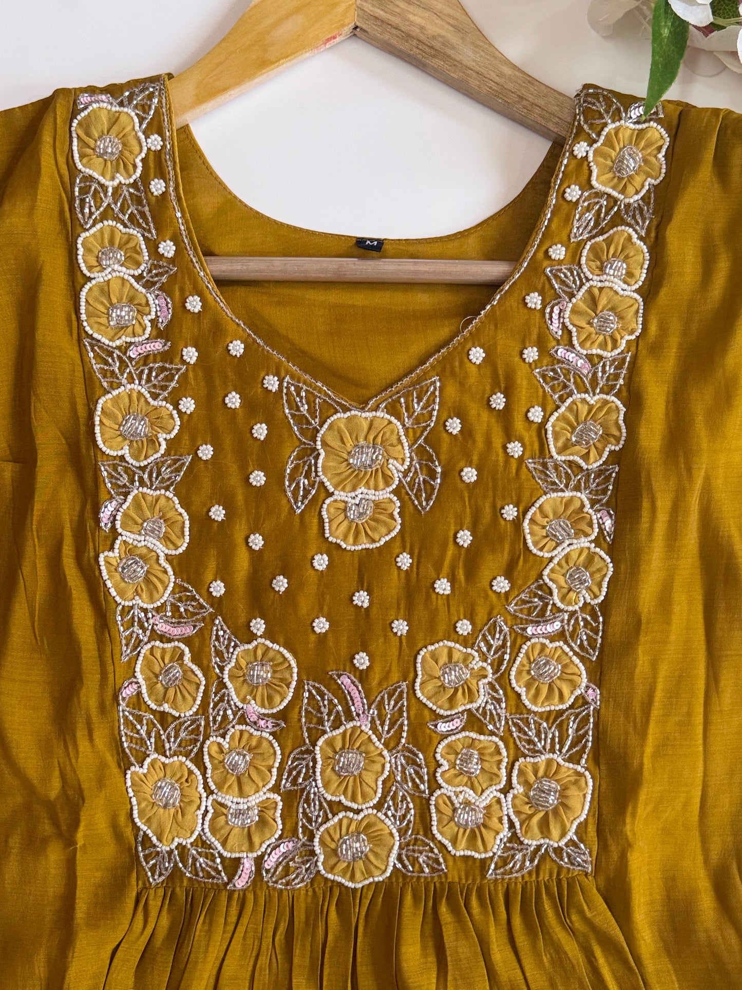 Mustard Yellow Mul Chander Salwar Suit with Bead work Embroidery