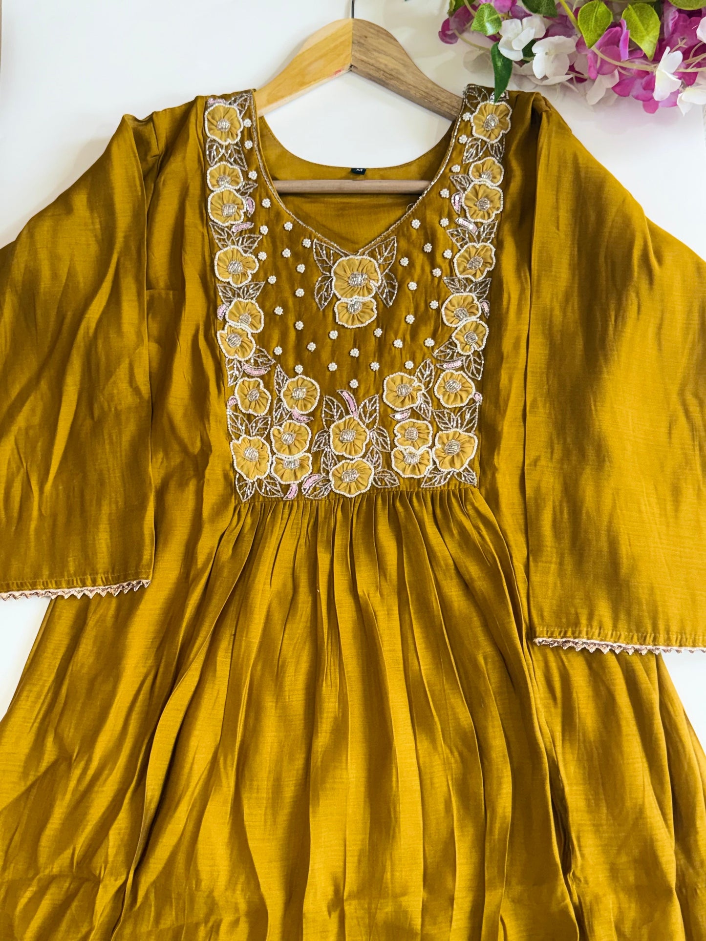 Mustard Yellow Mul Chander Salwar Suit with Bead work Embroidery