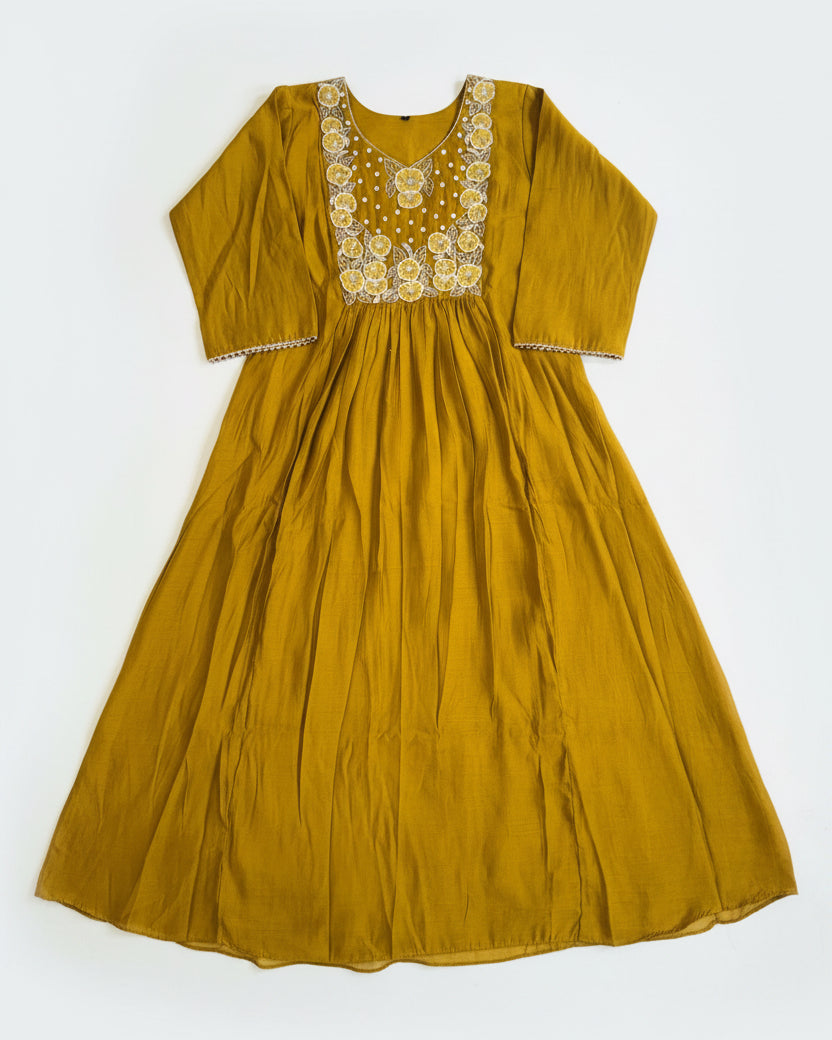 Mustard Yellow Mul Chander Salwar Suit with Bead work Embroidery