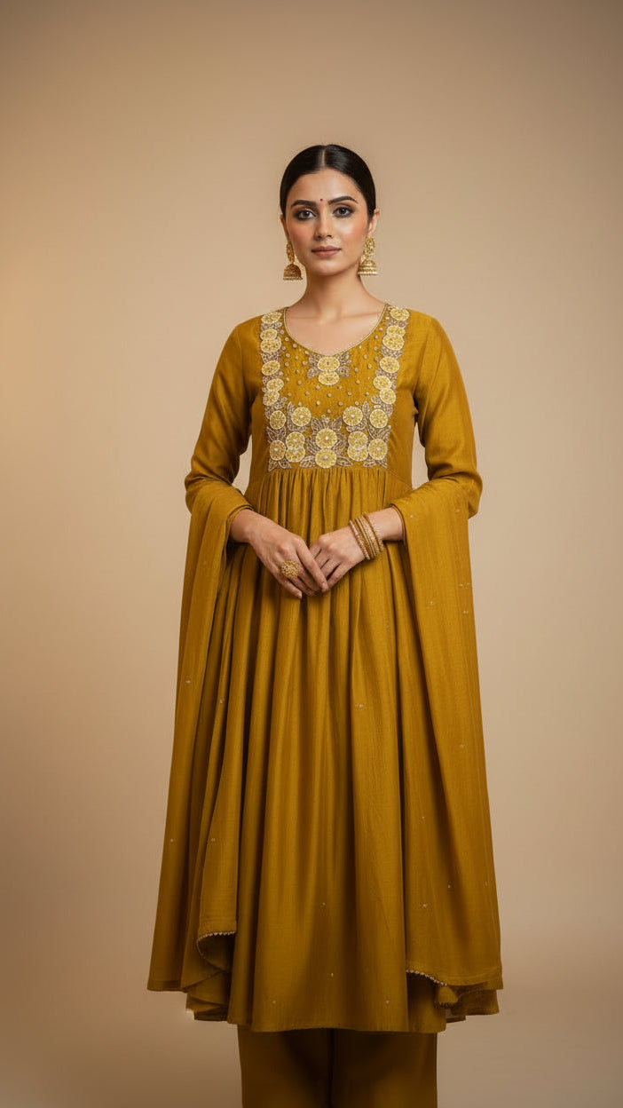 Mustard Yellow Mul Chander Salwar Suit with Bead work Embroidery