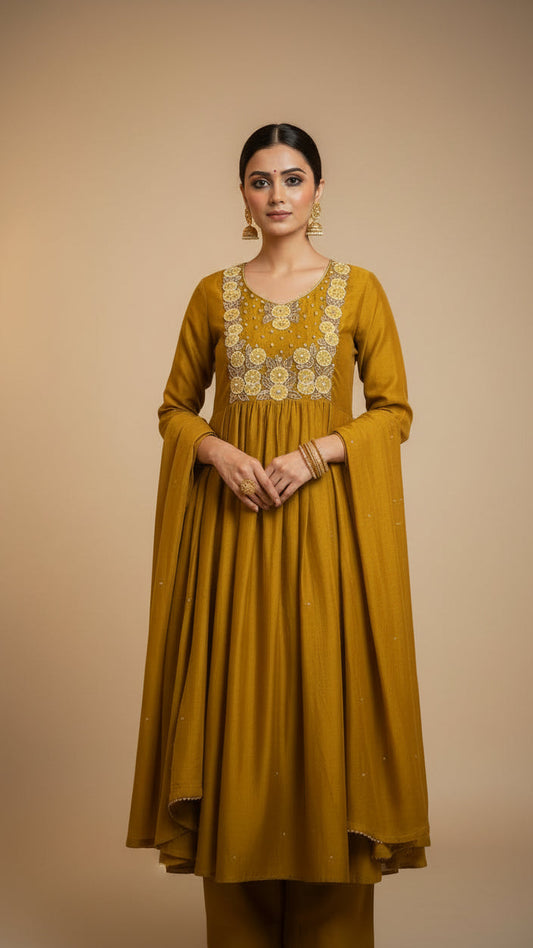 Mustard Yellow Mul Chander Salwar Suit with Bead work Embroidery