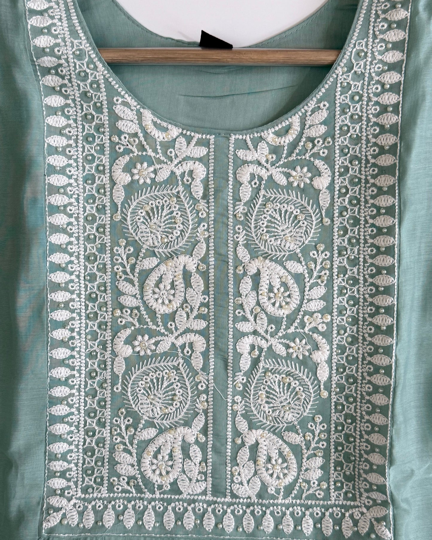 Light Pastel Green Kurta Set With Intricate White Thread Work