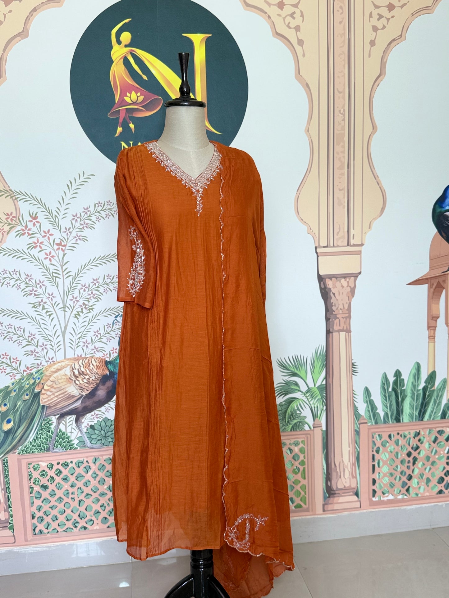 Rust Orange Mul Chanderi Hand Work