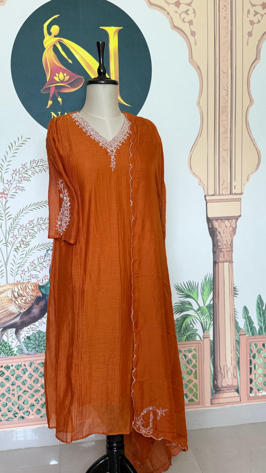 Rust Orange Mul Chanderi Hand Work